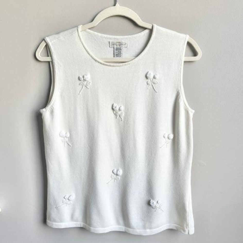 Vintage Knit Top Women's Medium Cream Embroidered Flowers Cottage Country Spring